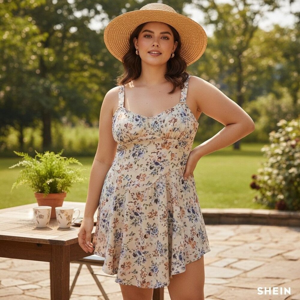 Floral Sleeveless Shein Curve Tunic Dress 3XL Lightweight Beige Multicolor - Picture 3 of 11
